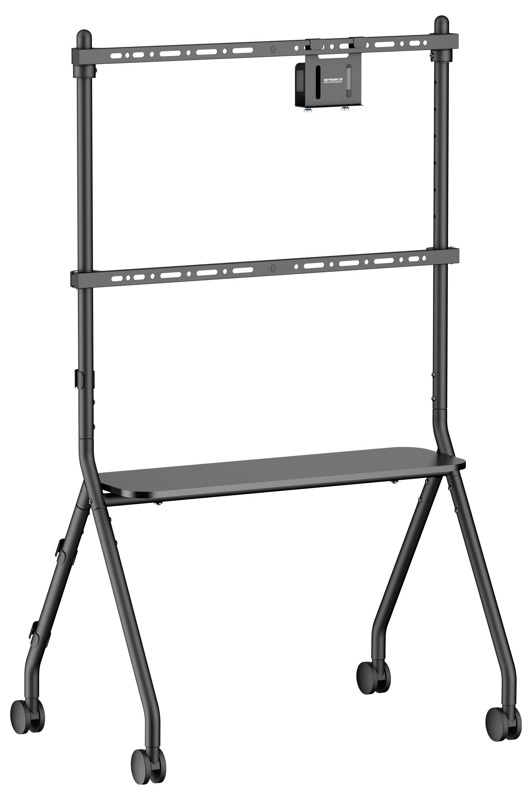 Tragbarer Fernsehwagen mit fahrbarem Gestell, verstellbaren Montageschienen und unterem Regal zur Aufbewahrung von Geräten oder Anzeigematerialien.