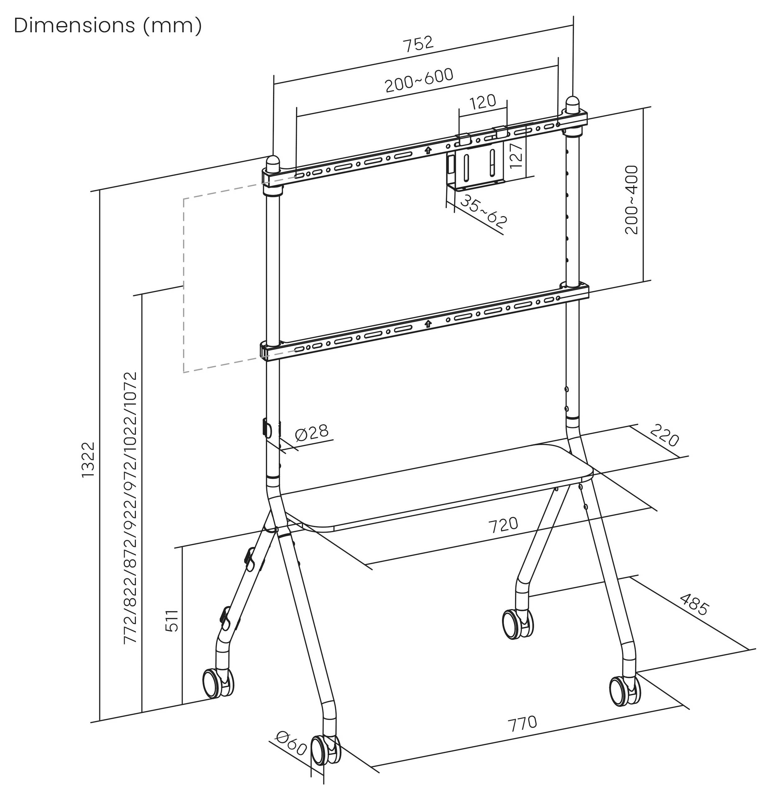 Technische Zeichnung mit Maßstab eines mobilen Kleiderständers, der einstellbare Breite, Höhe, Regalbracket und Grundflächen-Messwerte in Millimetern zeigt.
