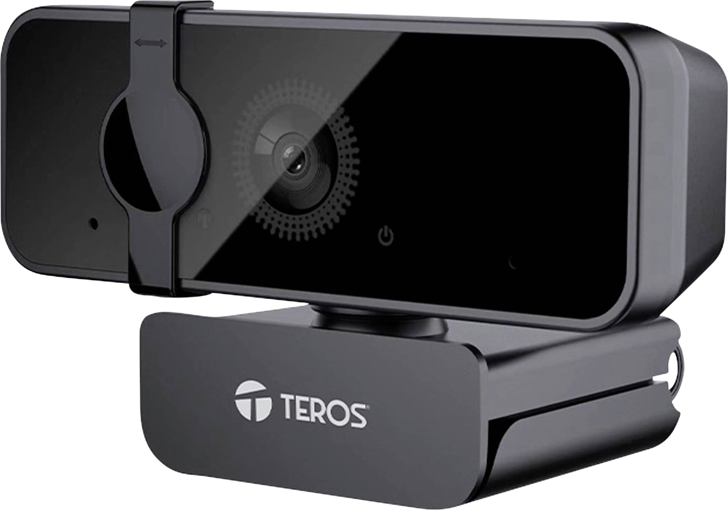 Eine schwarze Teros-Webcam mit Datenschutzabdeckung und Clip zur Befestigung an einem Monitor.