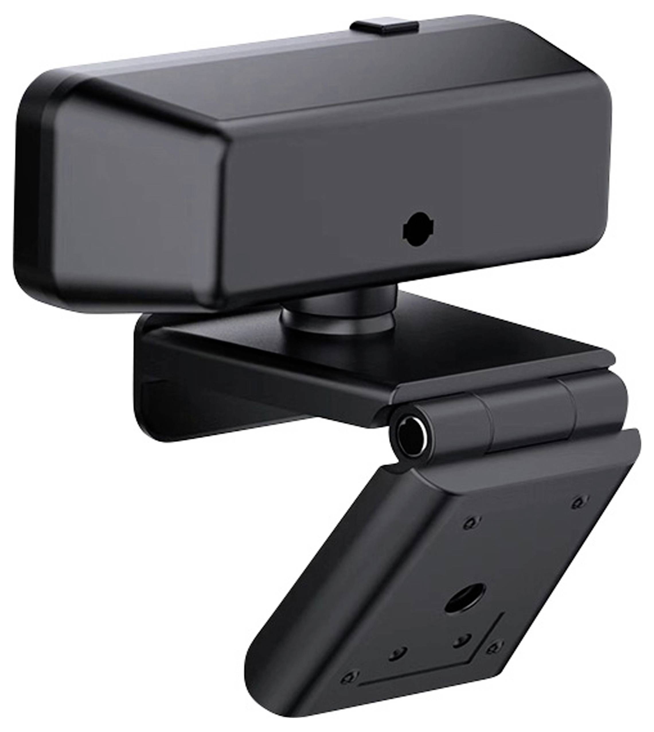 Eine schwarze Webcam mit modernem rechteckigem Design, verstellbarem Scharnier und Befestigungsclip, geeignet für Videokonferenzen oder Streaming.