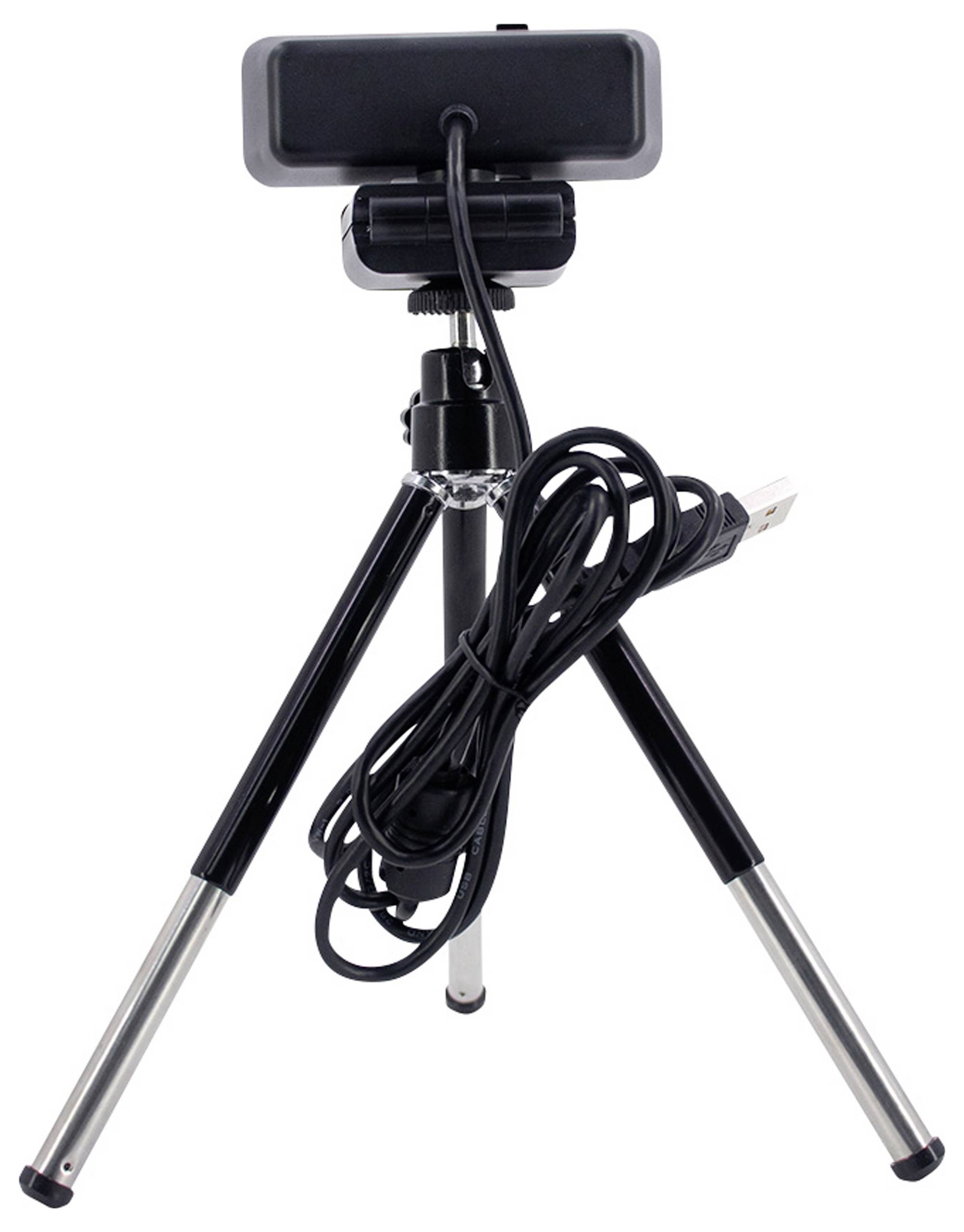 Ein kleines Stativ mit einer oben angebrachten Webcam. Ein USB-Kabel ist um die Mitte des Stativs aufgewickelt.