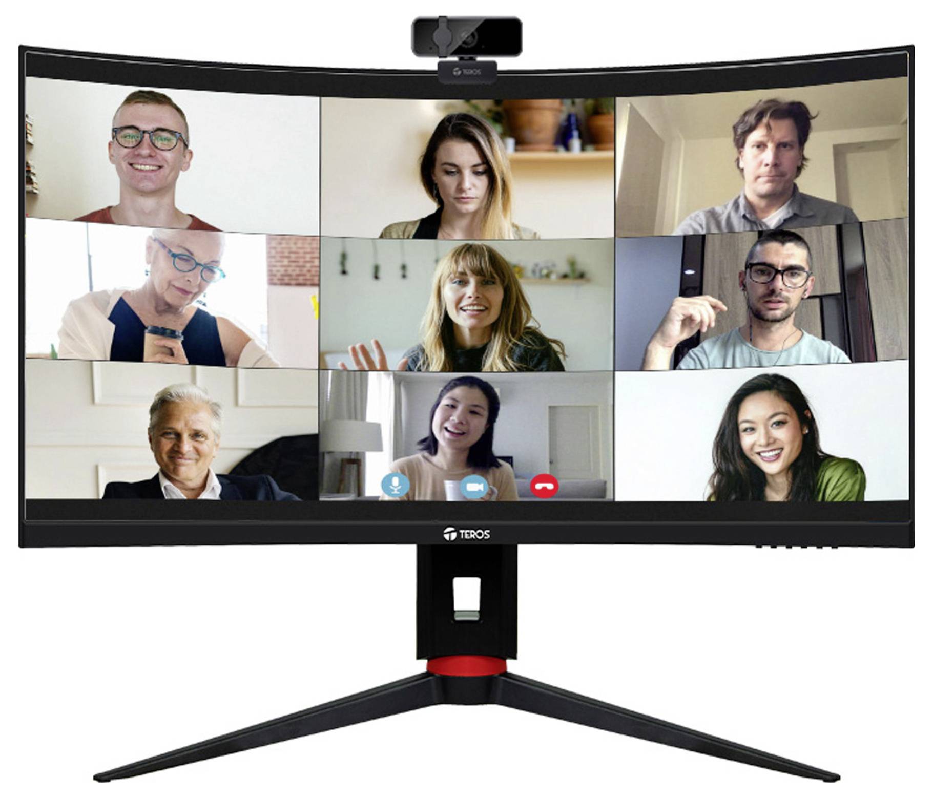 Ein Breitbildmonitor zeigt eine Videokonferenz mit neun Teilnehmern auf einem Anruf, jeweils in separaten Rasterbereichen, einige lächeln und sind engagiert.