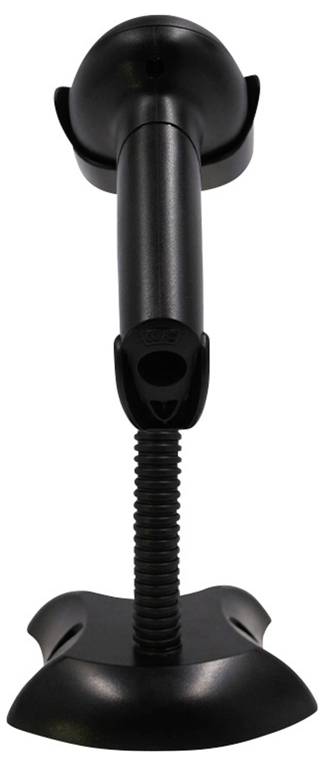 Ein schwarzer Barcode-Scanner-Ständer mit vertikalem Halter und spiralförmigem Fuß, entwickelt um einen Scanner sicher an Ort und Stelle zu halten für freihändige Nutzung.