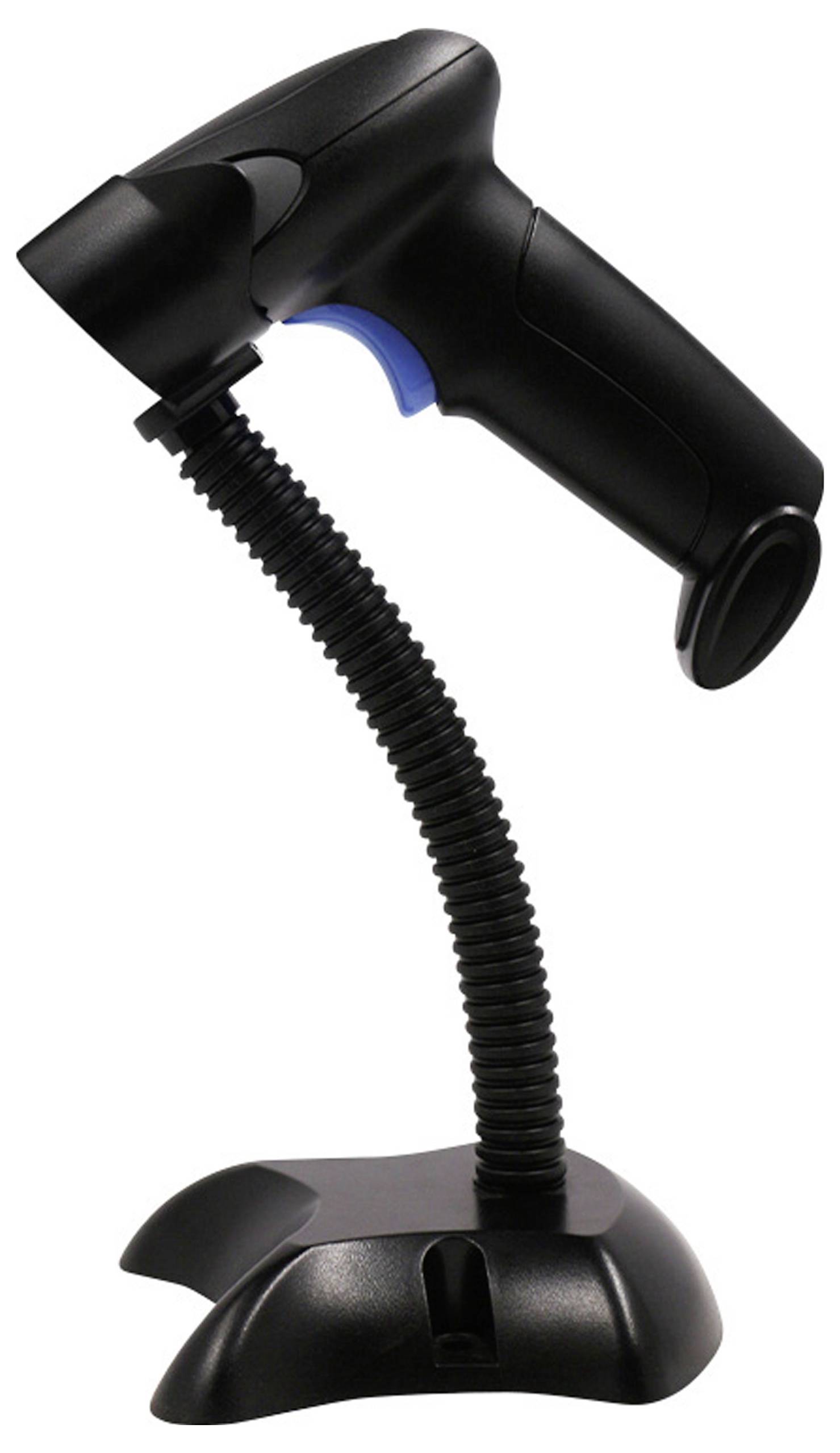 Ein schwarzer tragbarer Barcodescanner auf einem flexiblen Ständer, entwickelt für den Einzelhandels- oder Bestandsverwaltungseinsatz. Verfügt über einen ergonomischen Griff und einen Auslöseknopf.