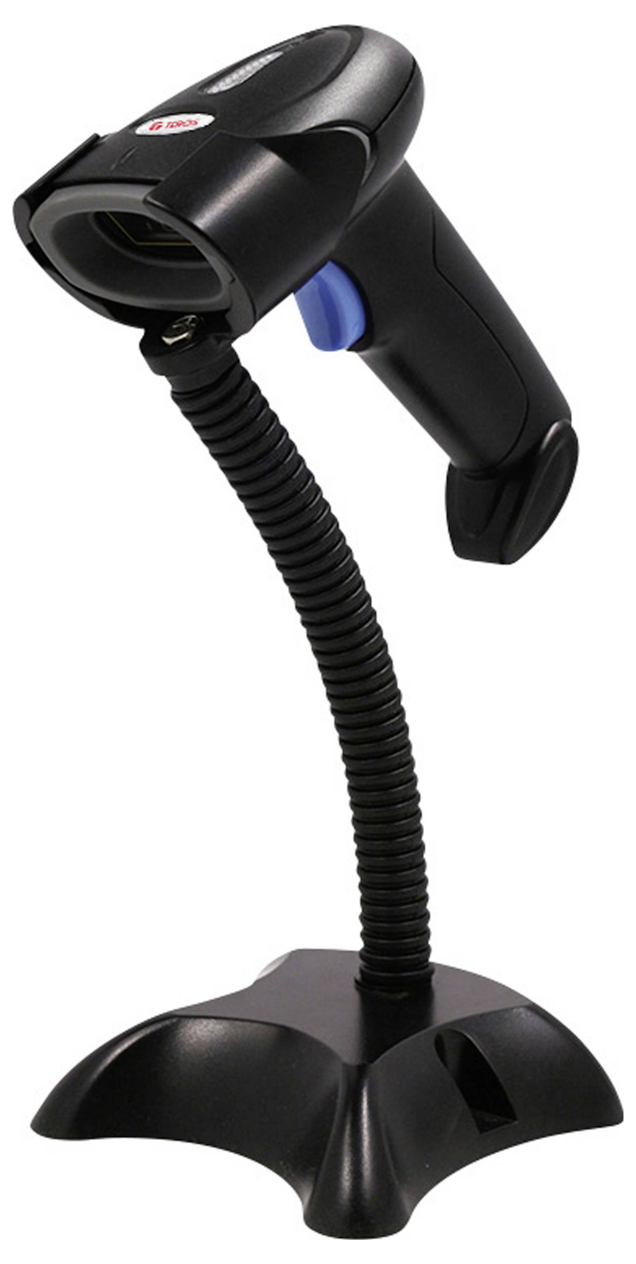 Ein schwarzer tragbarer Barcode-Scanner mit blauem Auslöser, platziert auf einem aufgewickelten Ständer, geeignet für Einzelhandel oder Bestandsverwaltung.