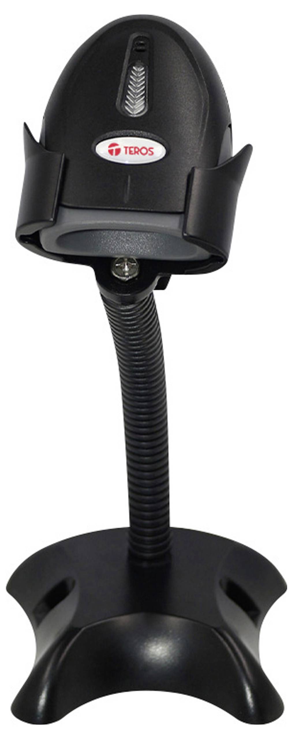 Ein schwarzer, verstellbarer Barcode-Scanner-Ständer mit rundem Sockel, hergestellt von Teros.