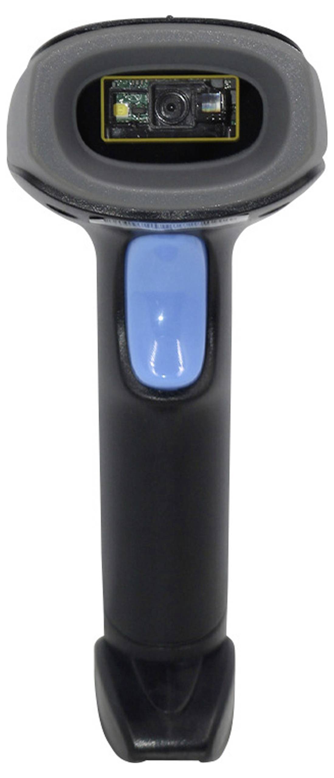 Tragbarer Barcode-Scanner mit schwarzem Gehäuse und blauem Button, entwickelt für schnelles und effizientes Scannen von Artikeln an Verkaufspunktstationen.