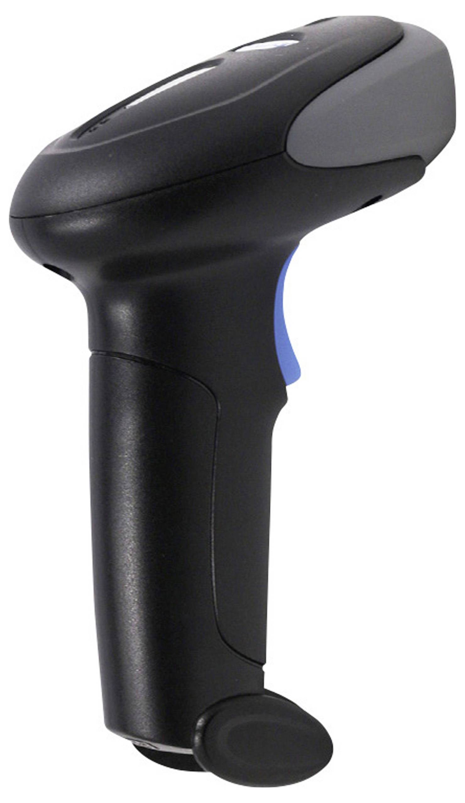 Ein schwarzer tragbarer Barcodescanner mit blauem Auslöser, konzipiert für die Verwendung im Einzelhandel oder in der Bestandsverwaltung, vor einem schlichten Hintergrund dargestellt.
