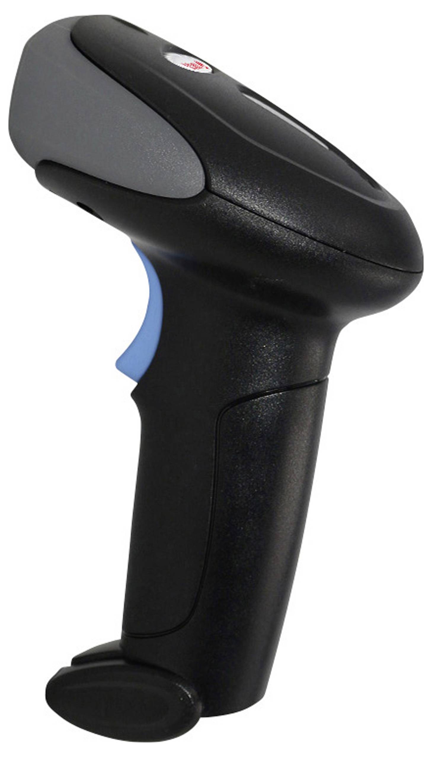 Ein tragbarer schwarzer Barcode-Scanner mit blauem Auslöser, der häufig zum Lesen von Barcodes im Einzelhandel oder in der Bestandsverwaltung verwendet wird.