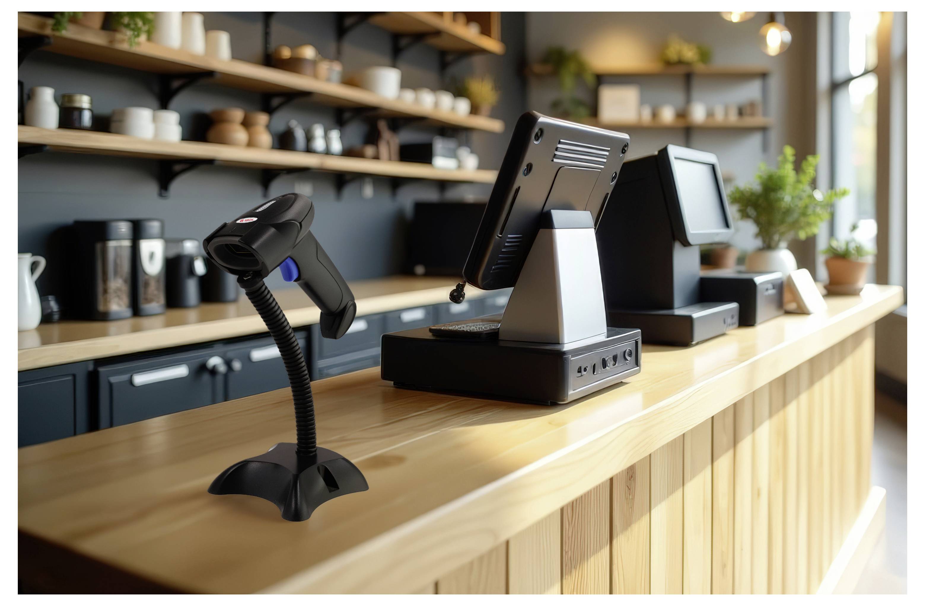 Ein Holztresen in einem modernen Café mit einem Barcode-Scanner im Vordergrund und einem Verkaufspunktsystem mit Bildschirm und Tastatur.