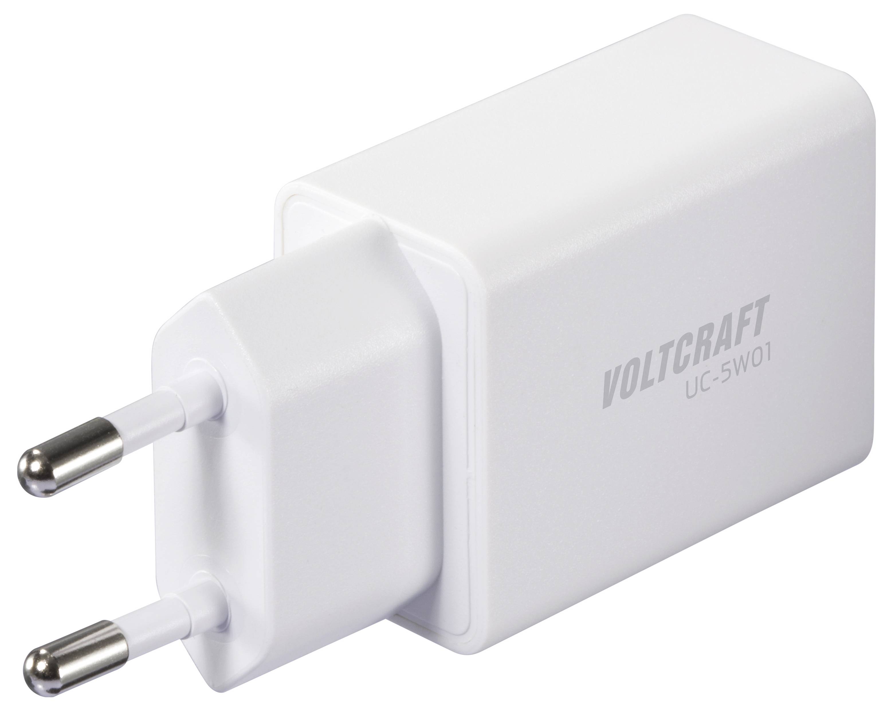 Ein weißes Stromnetzteil mit zwei runden Metallstiften mit der Bezeichnung „Voltcraft UC-SW01