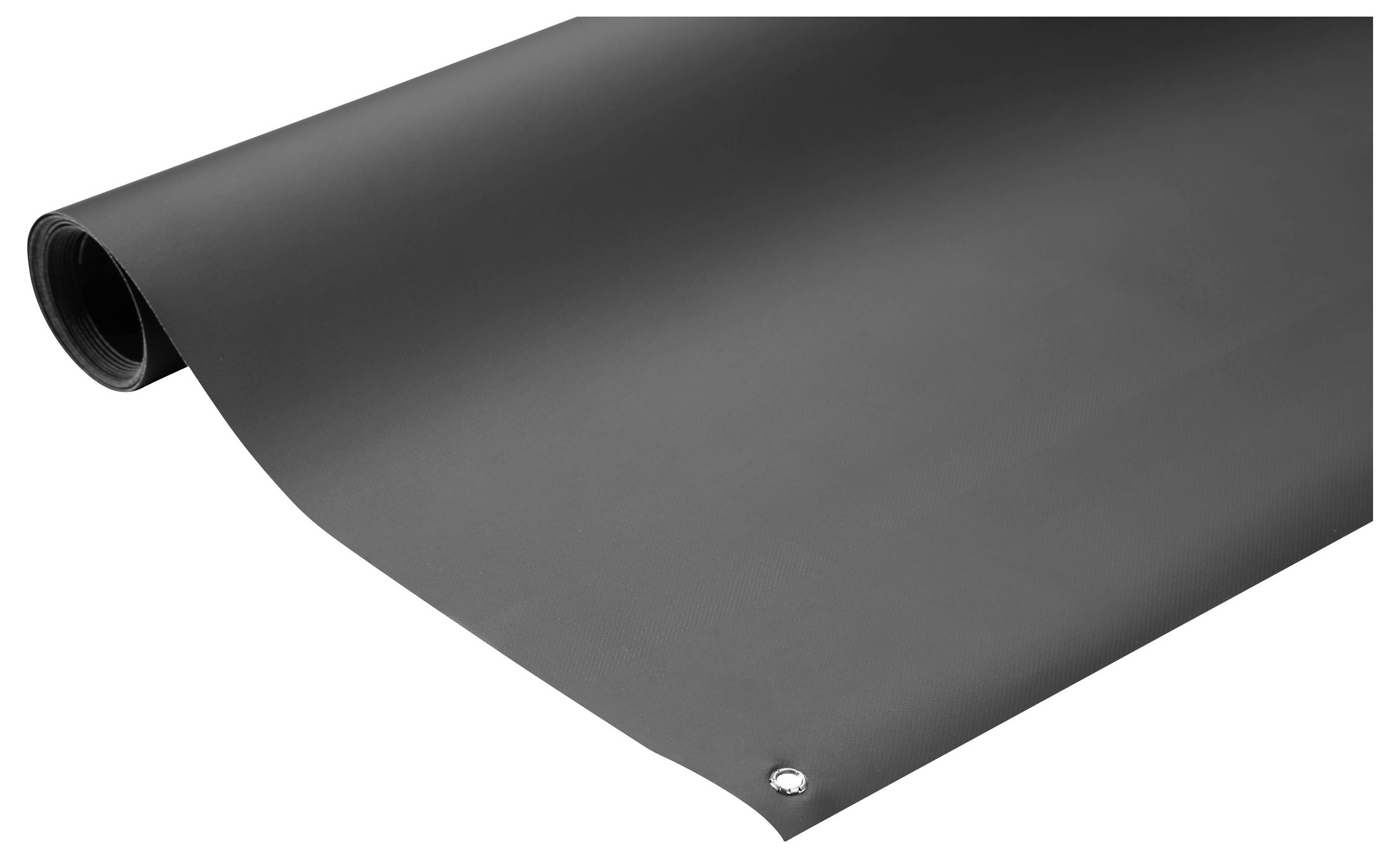 Eine Rolle aus schwarzem Material, das auf einer weißen Oberfläche teilweise ausgerollt ist, mit einer Metallöse in der Ecke.