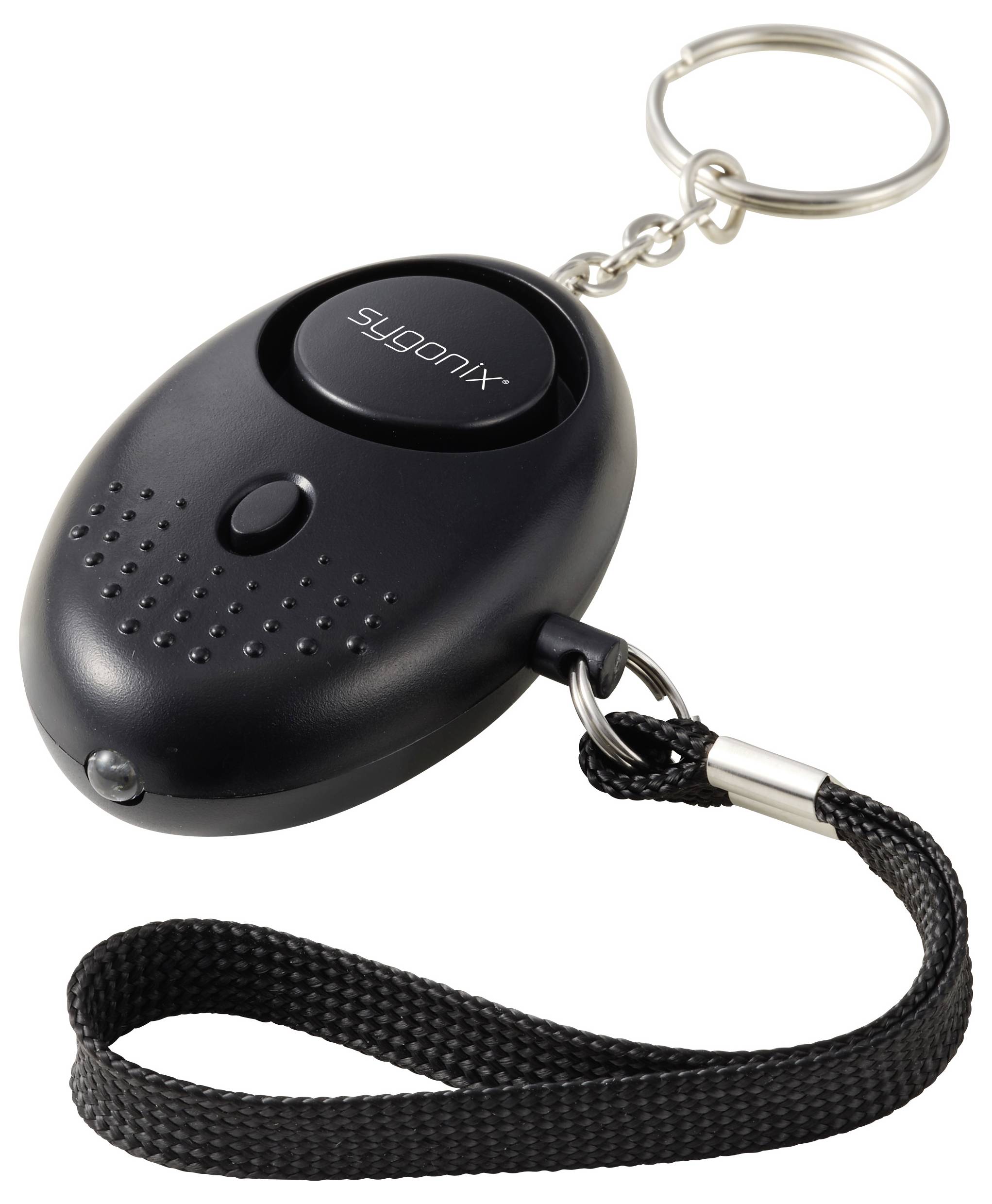 Schwarzer Schlüsselanhänger-Personalalarm mit Knopf, LED, Handgelenkschlaufe und Metallring an einem Umhängeband befestigt.
