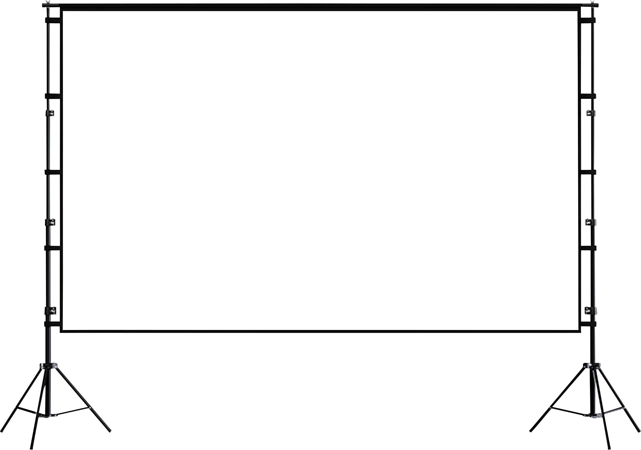 Zwei schwarze verstellbare Stützgestelle mit Dreibeingestellen und einer horizontalen Querstrebe, die einen leeren rechteckigen Anzeigerahmen bilden.