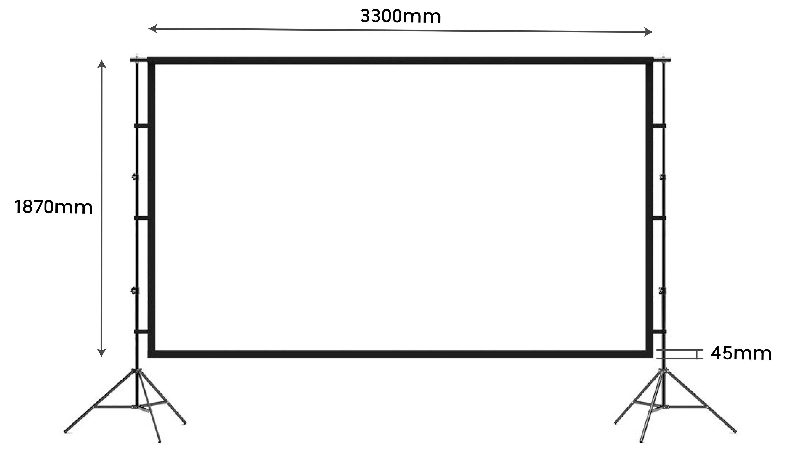 Technische Zeichnung eines freistehenden rechteckigen Rahmens, 3300 mm breit und 1870 mm hoch, mit 45 mm Bodenfreiheit auf Dreibeinständern.