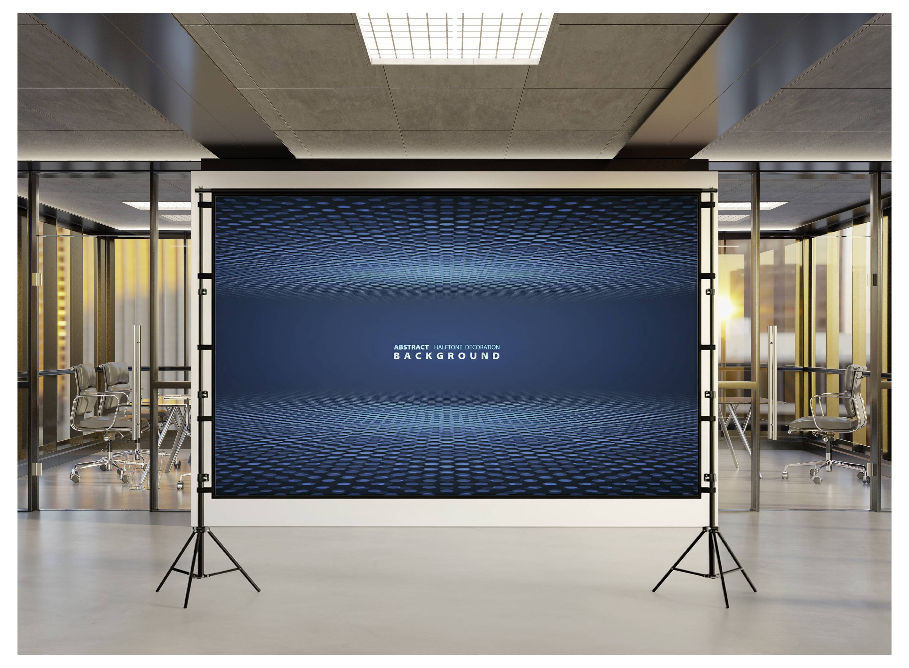 Großes Display auf einem Stativ in einem modernen Büro, das einen blauen abstrakten Hintergrund mit dem zentriert angeordneten Wort „BACKGROUND