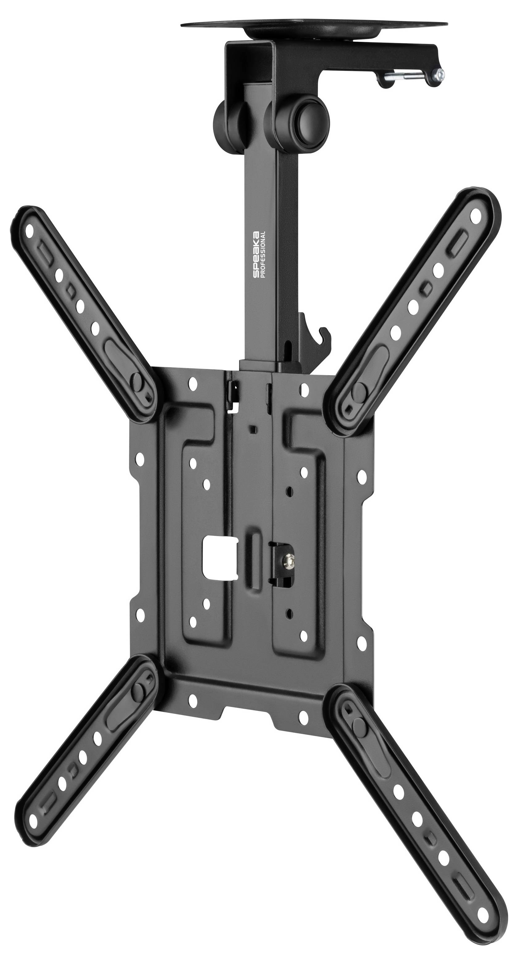 Schwarze verstellbare Decken-TV-Halterung mit vier angewinkelten Stützarmen und zentraler Montageplatte.