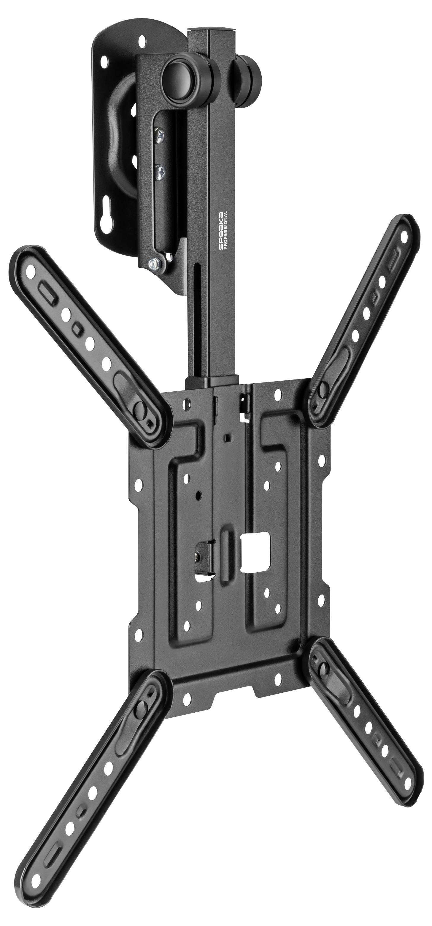Verstellbare schwarze TV-Wandhalterung mit ausziehbaren Armen und Neigungsmechanismus zur Flachbildschirm-Befestigung.