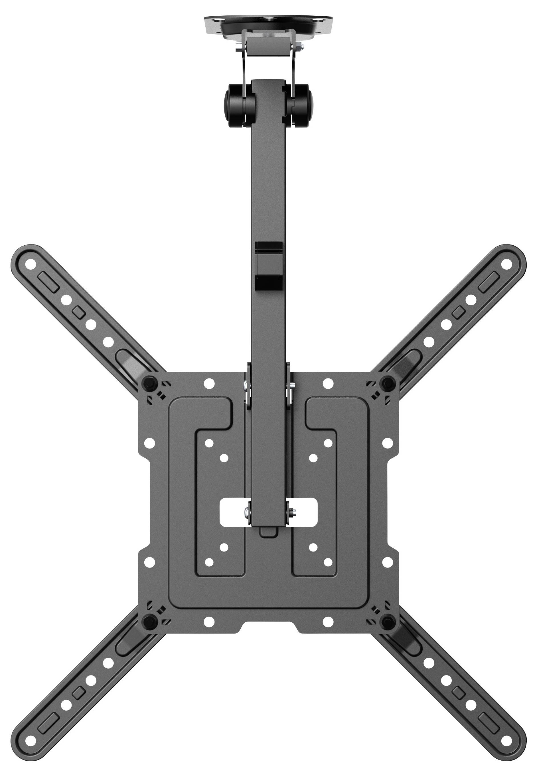 Verstellbare Deckenhalterung für Fernseher mit vier gelenkigen Armen und zentraler Stützklammer, dargestellt in einer geschlossenen X-förmigen Position.