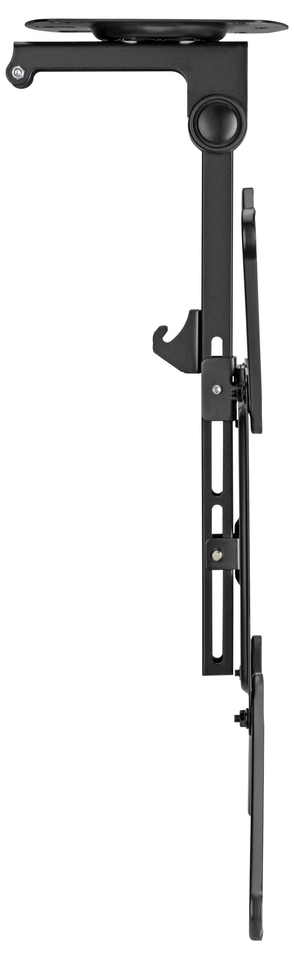 Schwarzes Metall-Klappmontagehalter in Profilansicht, mit verstellbarem Arm, Drehgelenk und Verriegelungsklinke.