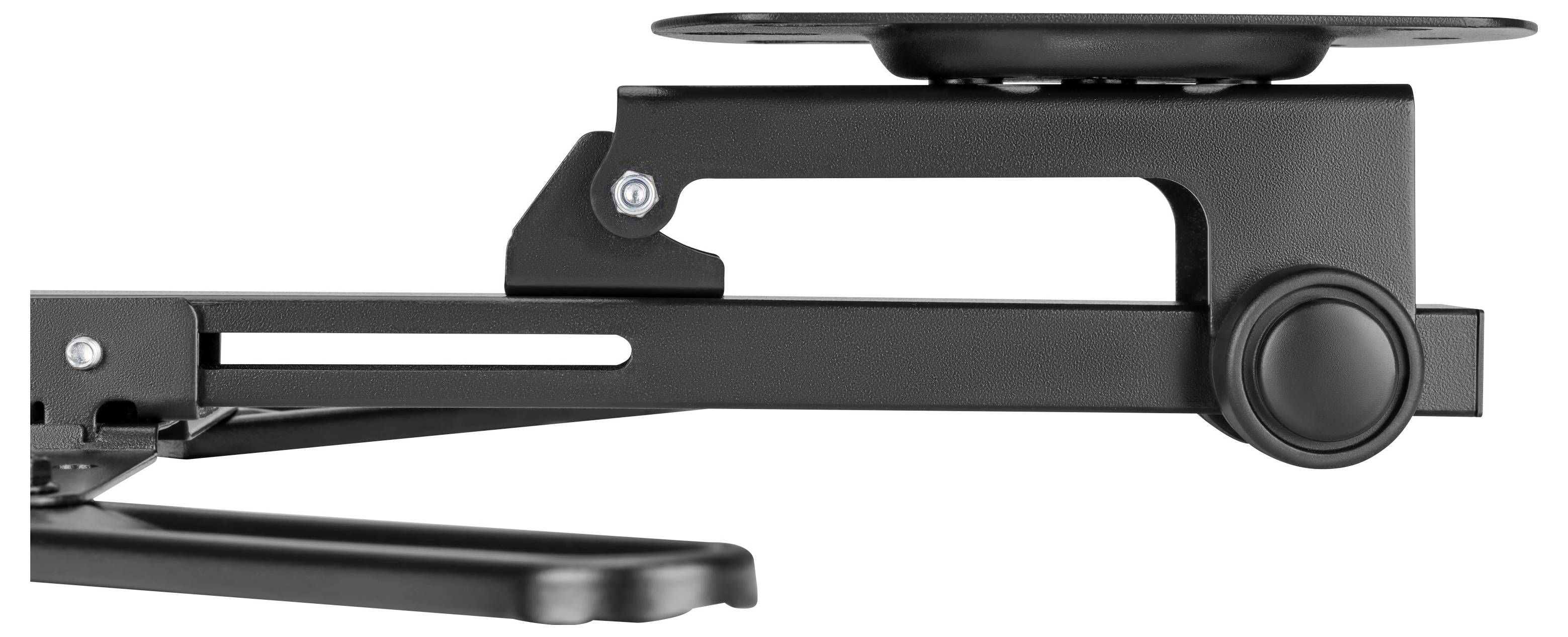 Schwarze verstellbare Monitorarmhalterung mit gelenkigen Verbindungen und Klemmfuß auf weißem Hintergrund.