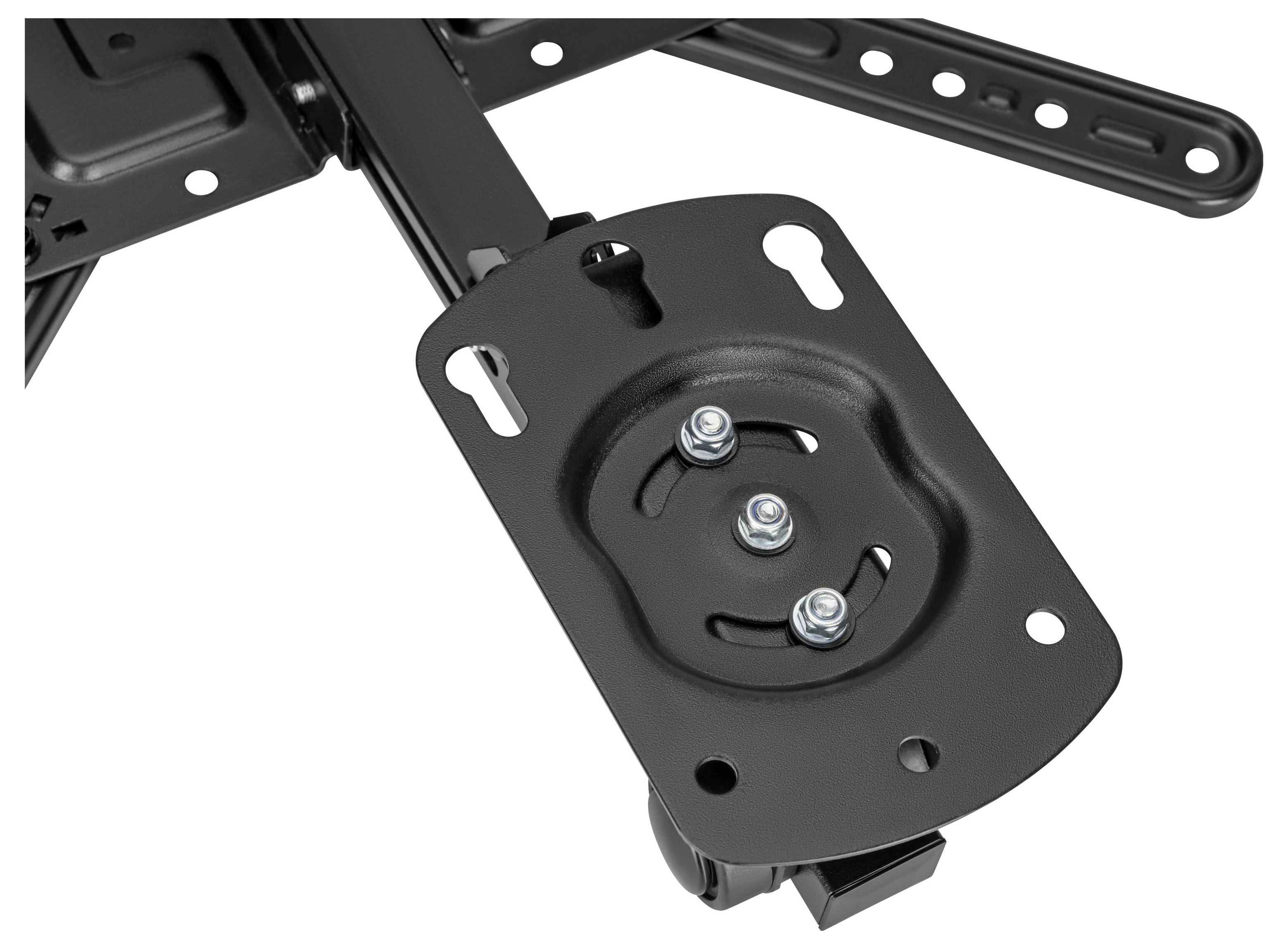 Schwarze Metall-TV-Wandhalterung mit verstellbarem Schwenkarm und Schlitzlöchern für Schrauben.