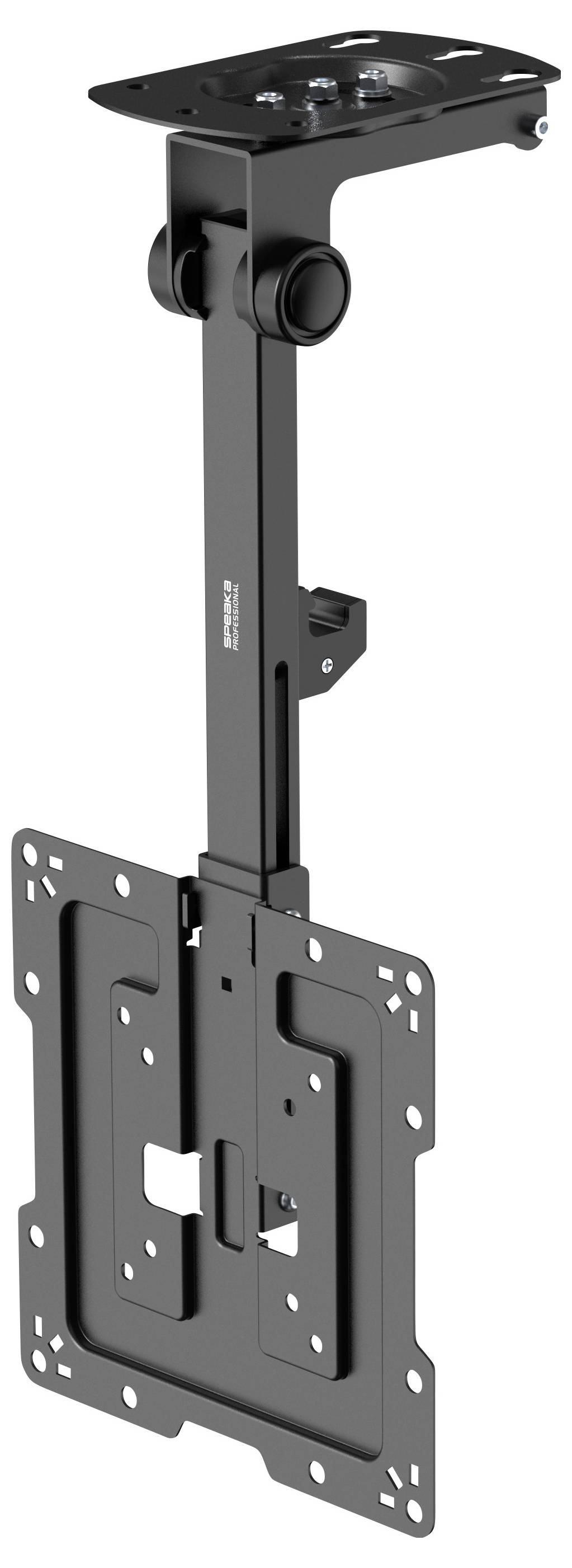 Verstellbare, an der Decke montierte Projektorhalterung mit langem teleskopischem Arm und flacher Befestigungsplatte.