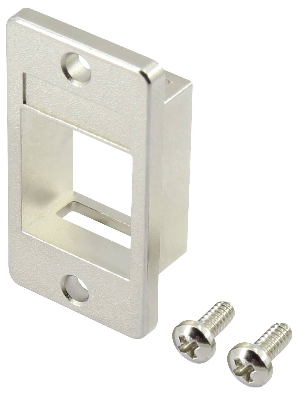Metal wall-mount bracket with rectangular opening and two mounting screws on a white background.