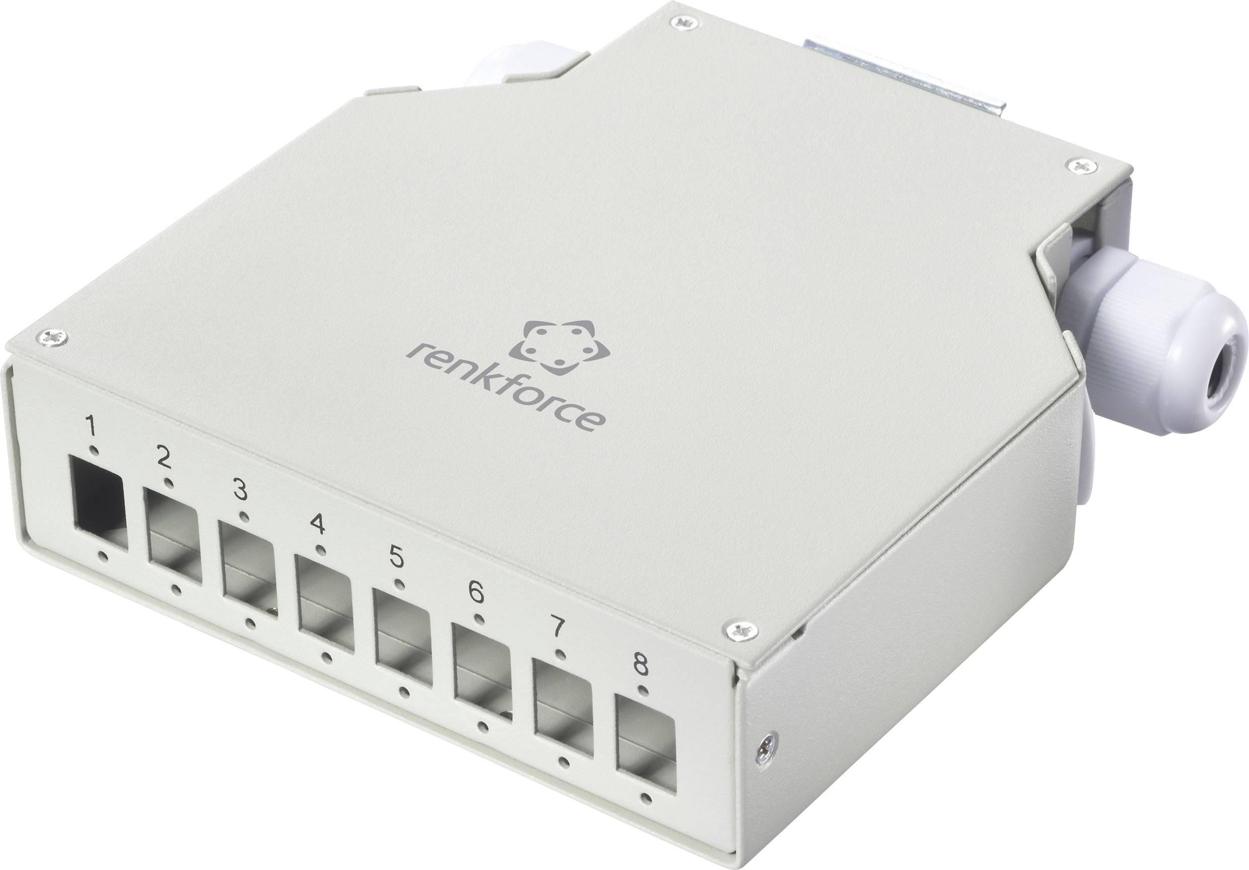 Renkforce Acht-Port-Ethernet-Switch in einem grauen Metallgehäuse, angewinkelt dargestellt mit nummerierten vorderen Netzwerkports und einem Kabelstecker an der Seite.