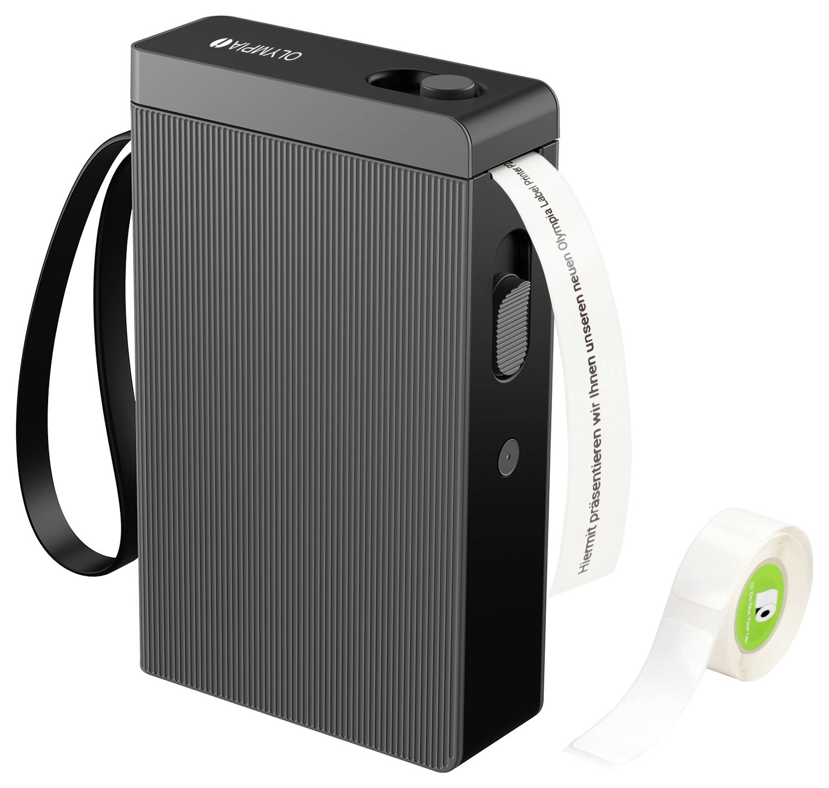 Ein schwarzer, rechteckiger, tragbarer Drucker mit einem Griff, der einen weißen Papierstreifen druckt.