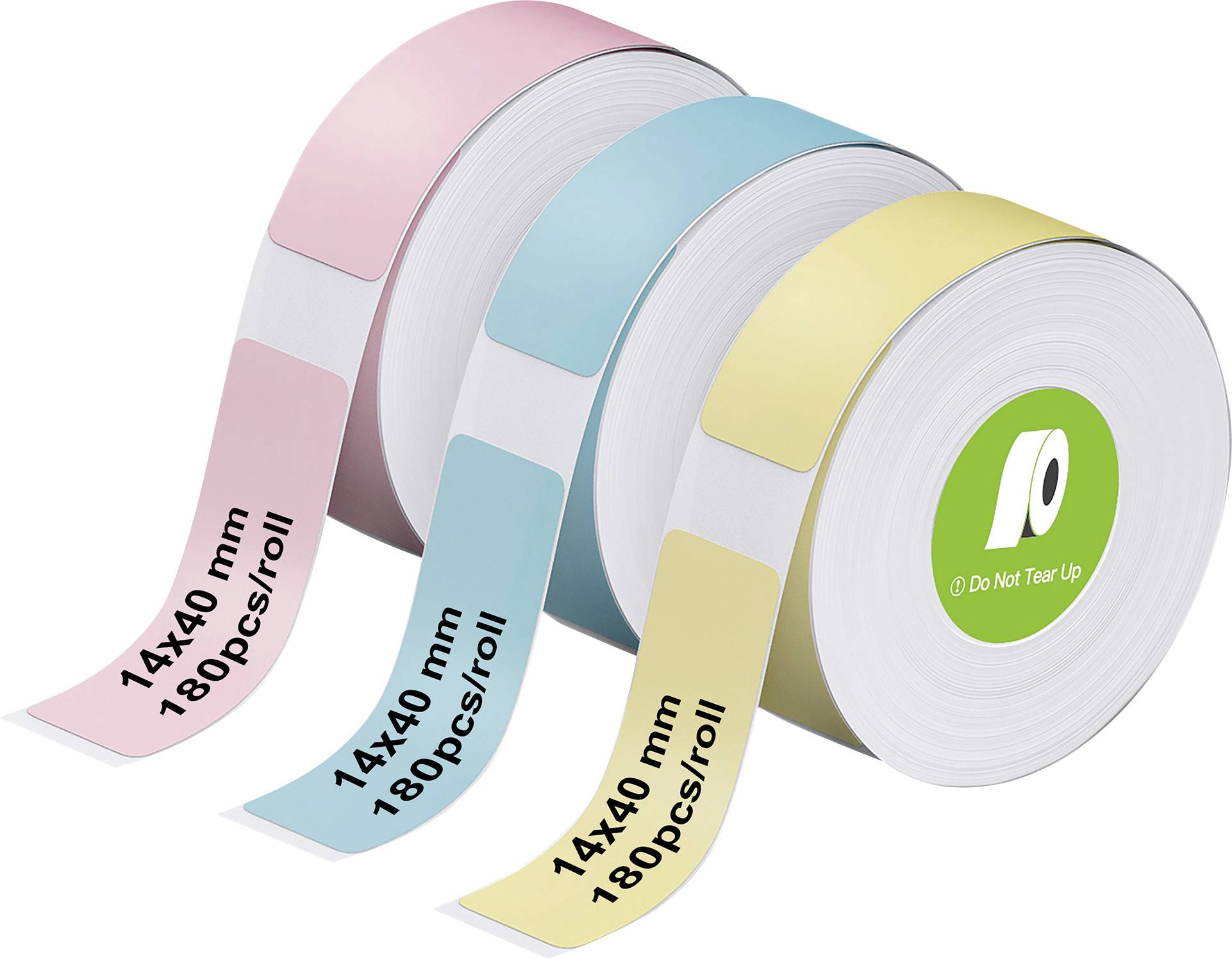 Drei Rollen farbiger Etiketten (pink, blau, gelb) mit der Aufschrift '14x40 mm 180 Stück/Rolle'. Jede Rolle verfügt über einen grünen Kern mit einem 'Nicht Zerreißen'-Symbol.
