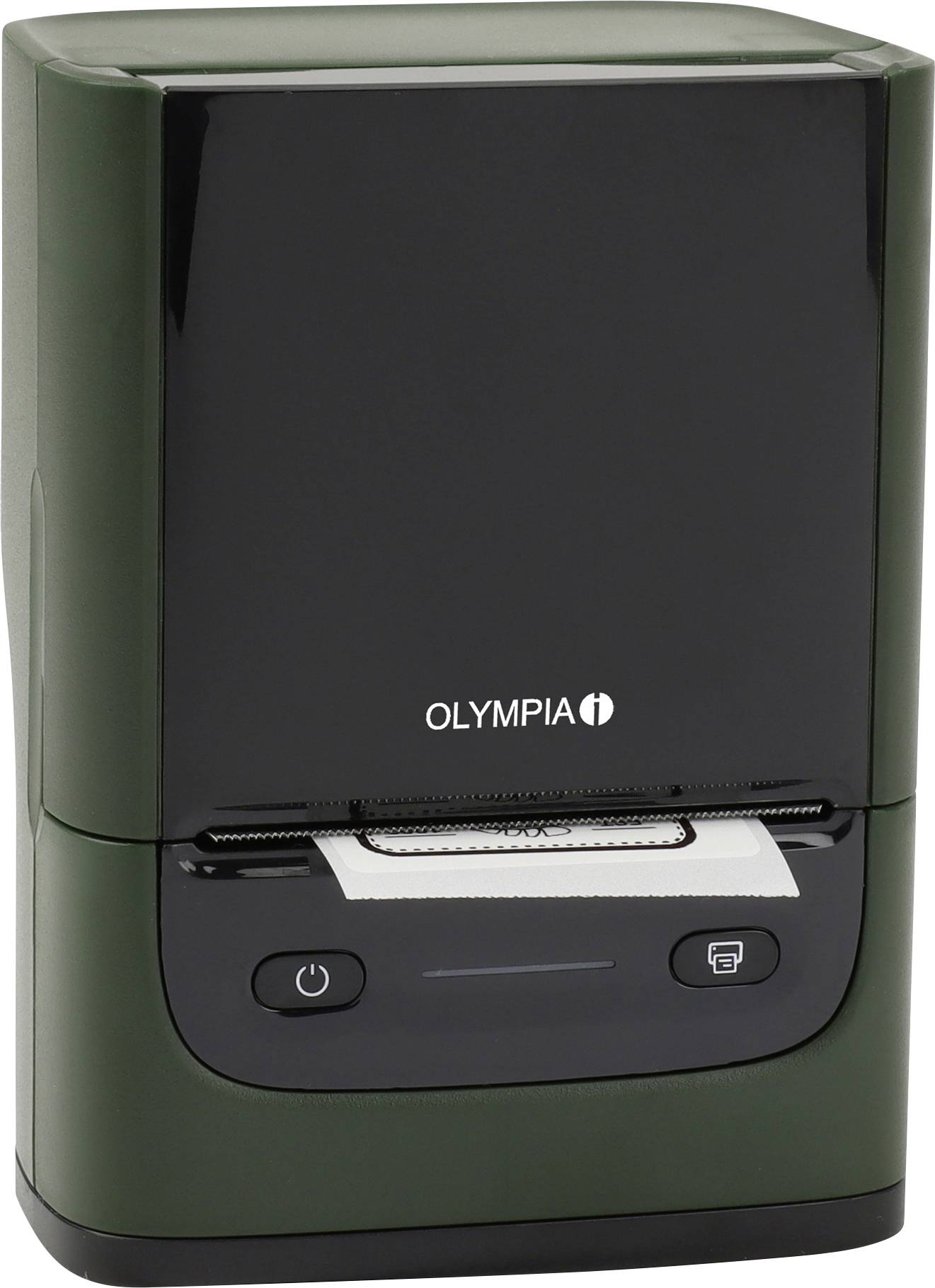 Ein kompakter Thermodrucker für Etiketten mit einem schwarz-grünen Design, der ein teilweise gedrucktes Etikett zeigt.