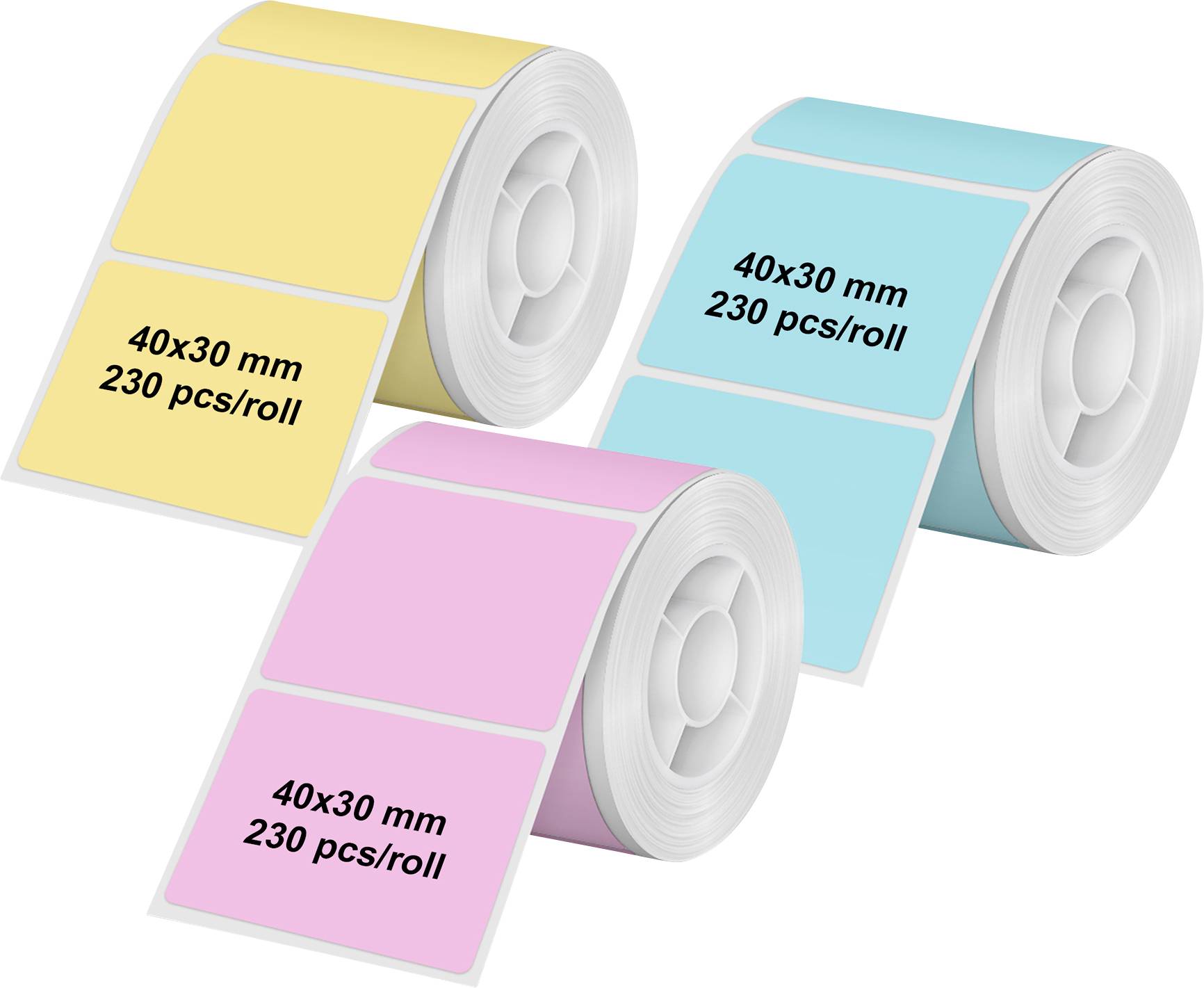 Drei Rollen Etiketten mit verschiedenen Farben: gelb, blau und pink, jeweils gekennzeichnet mit '40x30 mm 230 Stück/Rolle'.