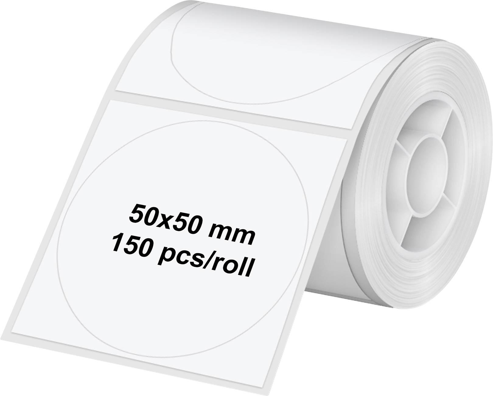 Eine Rolle weißer kreisförmiger Etiketten. Ein Etikett liest sich: '50x50 mm, 150 Stück/Rolle'.