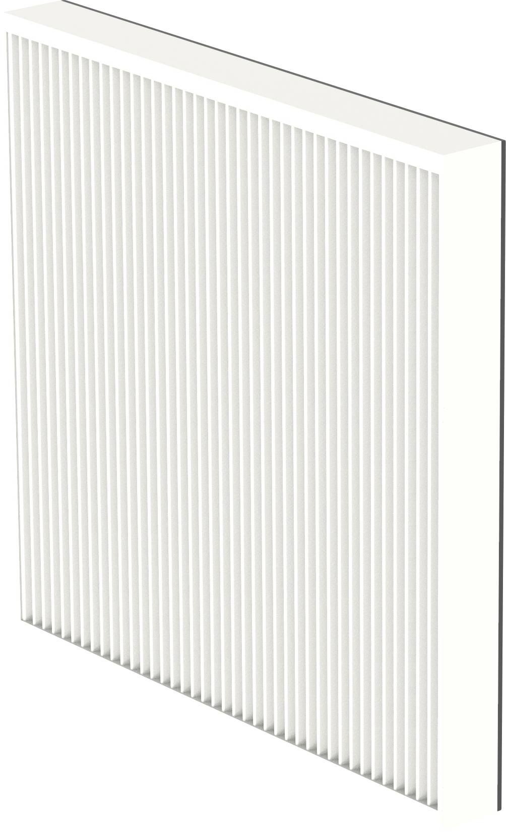 Ein weißes, rechteckiges Luftfilter mit vertikalen Falten, das zur Reinigung der Luft in einem Raum oder Klimaanlagesystem ausgelegt ist.