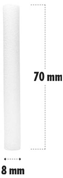 Weißes zylindrisches Objekt, 70 mm hoch und 8 mm breit, vertikal vor einem weißen Hintergrund positioniert, mit Abmessungen neben dem Objekt beschriftet.