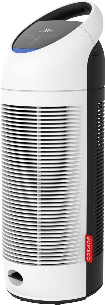 Ein weißer und schwarzer vertikaler Luftreiniger mit einer zylindrischen Form und einem Griff oben. Er verfügt über eine belüftete Oberfläche und ein digitales Bedienfeld.