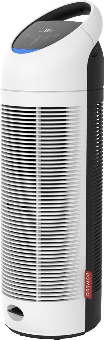 Ein hoher, zylindrischer Luftreiniger mit weißem Gehäuse und schwarzen Akzenten, mit einer belüfteten Konstruktion und einem kleinen Bedienfeld auf der Oberseite.