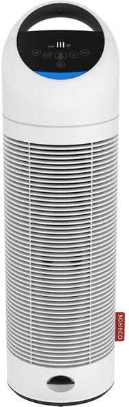 Ein hoher, weißer Luftreiniger mit einem digitalen Bedienfeld, ausgestattet mit berührungsempfindlichen Tasten und einem kreisrunden Lüftungsauslass an der Basis.