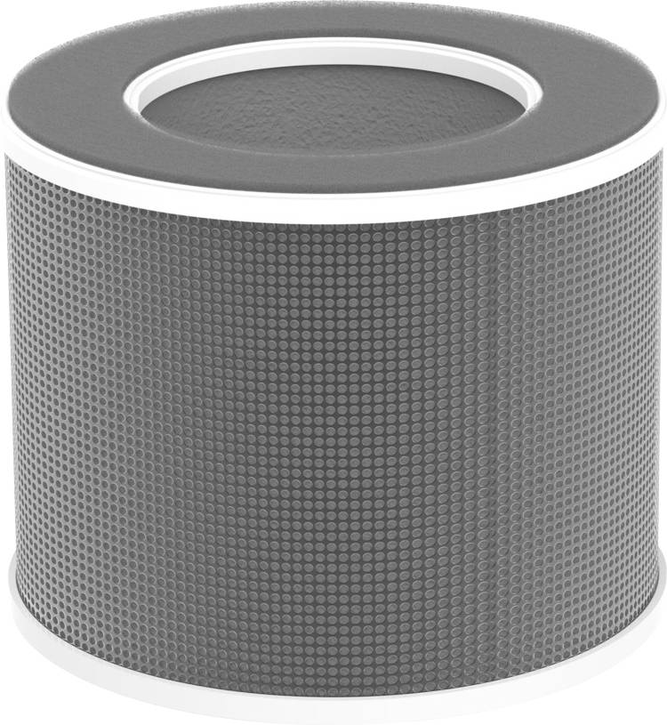 Ein zylindrischer HEPA-Luftfilter mit einer grauen, perforierten Oberfläche und weißen Deckeln an Ober- und Unterseite.