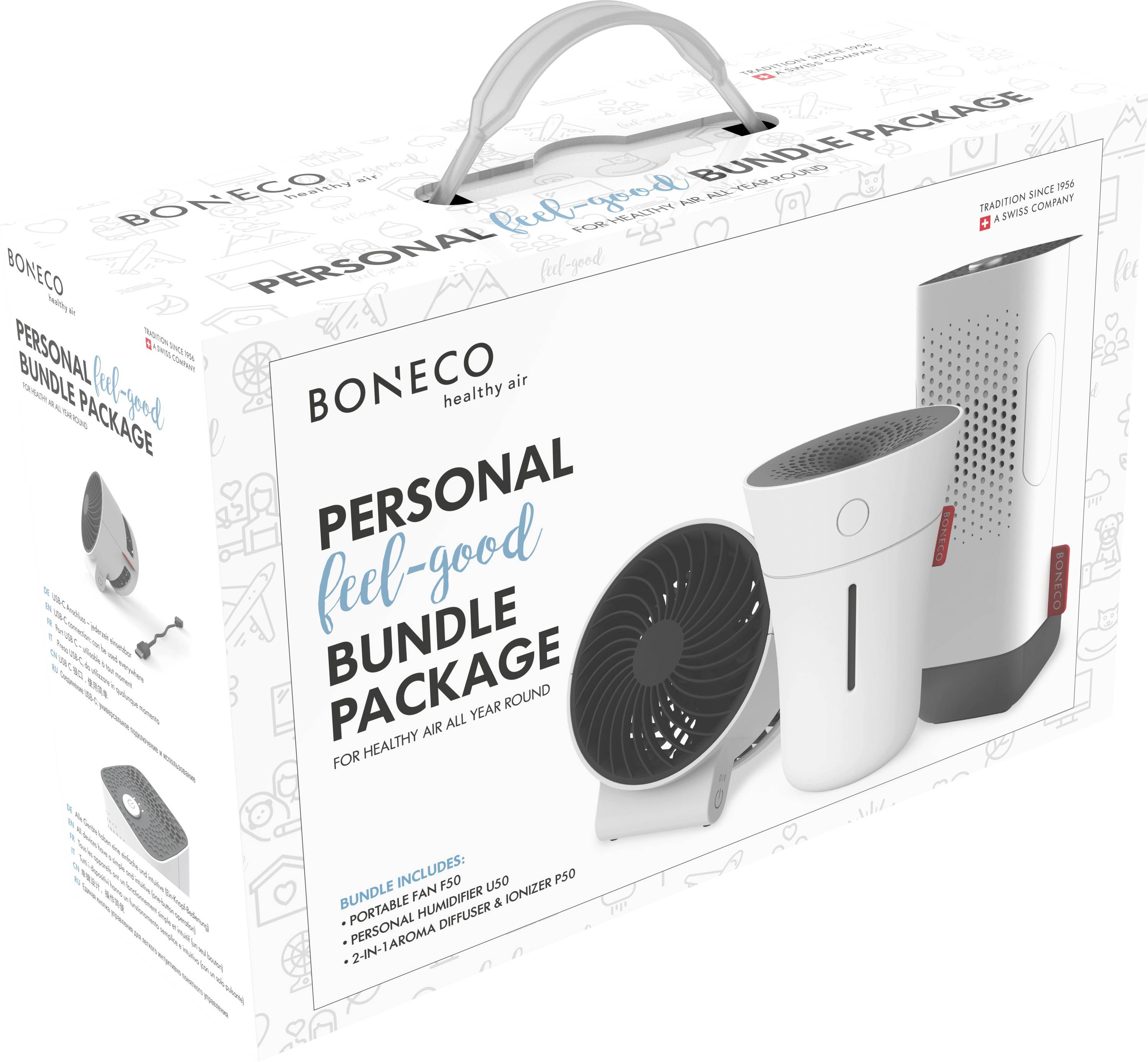 'Boneco Personal Feel-Good Bundle Paket' mit Ventilator, Luftbefeuchter, Aromadiffuser. Fördert gesunde Luft das ganze Jahr über. Paket zeigt Schweizer Design.