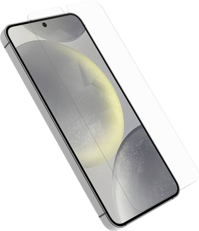 Ein Smartphone mit einem teilweise angebrachten Displayschutz, das ein elegantes Design und ein randloses Display mit abgerundeten Ecken zeigt.