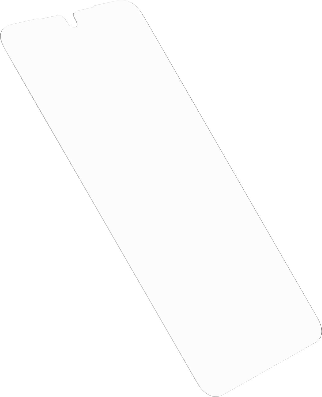 Ein transparenter Displayschutz für ein Smartphone, zugeschnitten für ein Gerät mit einer Aussparung oben, gezeigt vor einem einfachen weißen Hintergrund.