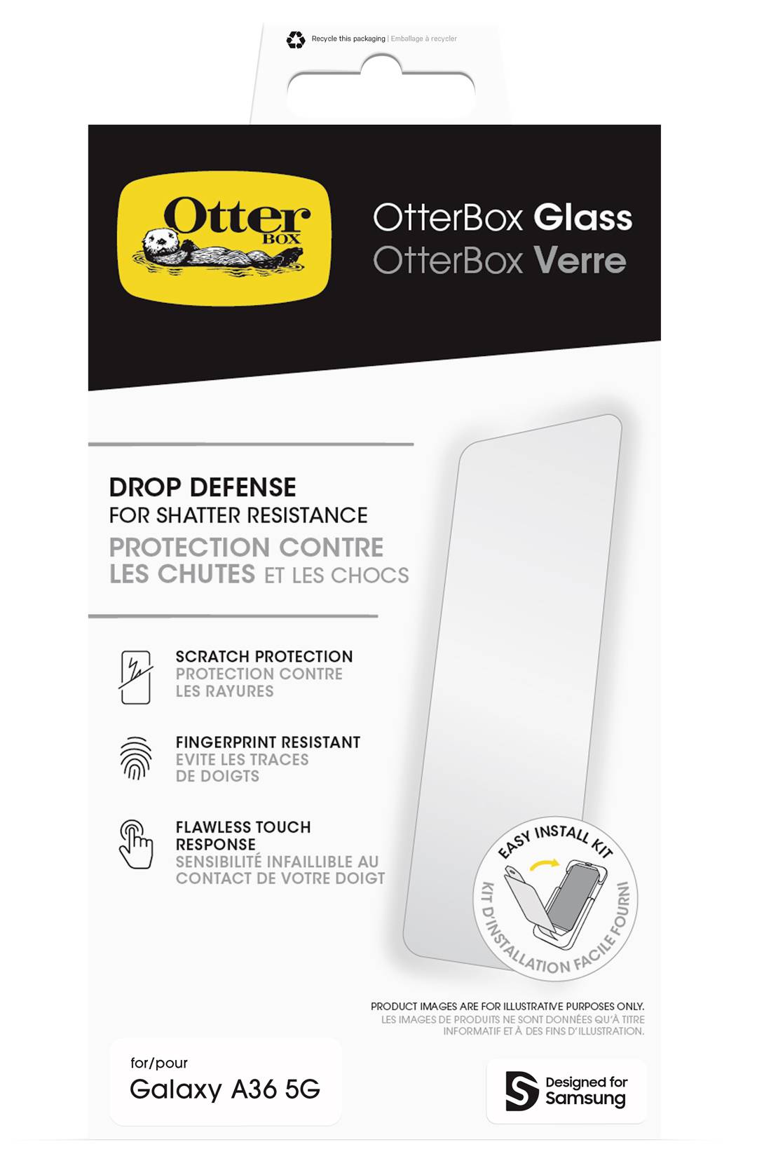 OtterBox Glassschutzfolie Verpackung für Samsung Galaxy A36 5G, mit Betonung auf Sturzschutz, Kratzerbeständigkeit, Fingerabdruckresistenz und einfachem Installationsset.