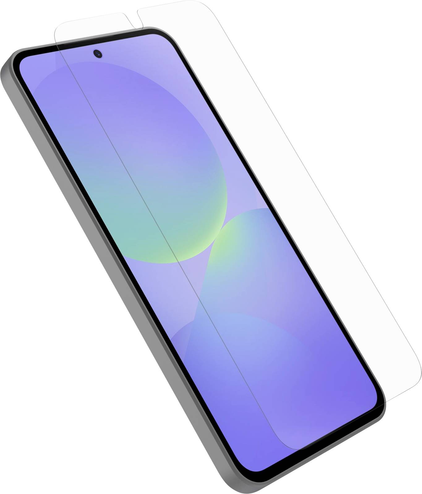 Ein Smartphone mit einem farbenfrohen Gradienten-Bildschirm, der blaue, grüne und violette Töne anzeigt, überlagert mit einer dünnen, transparenten Displayschutzfolie.