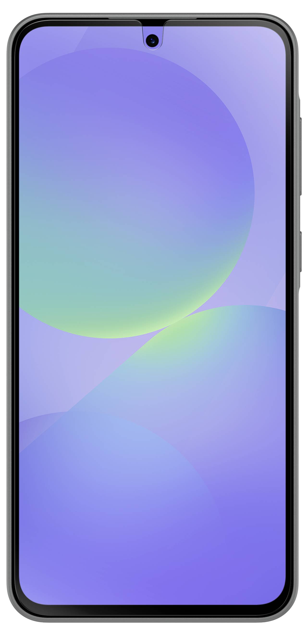 Frontansicht eines Smartphones mit einer blauvioletten abstrakten Tapete und einer zentrierten Loch-Stanzenkamera oben.