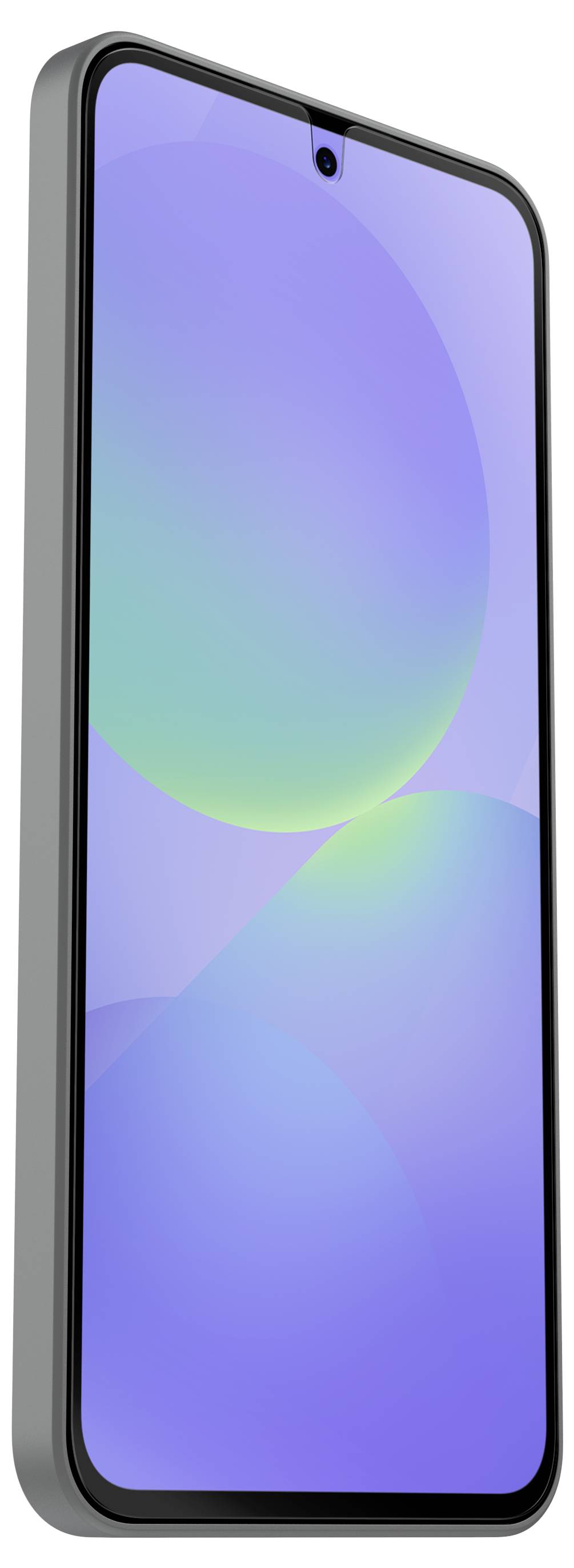 Ein Smartphone, das in einem Winkel gezeigt wird, mit einer schwarzen Blende und einem violett-blauem Farbverlauf auf dem Bildschirm.