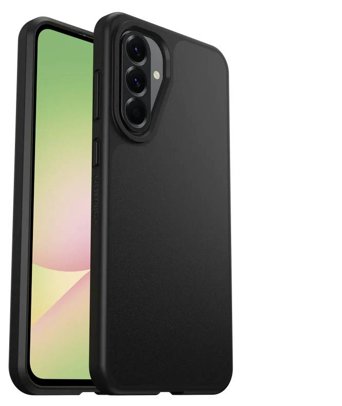 Schwarzes Smartphone in einer Schutzhülle von vorne und hinten gezeigt, mit dreifacher Rückkamera auf der Rückseite sichtbar.