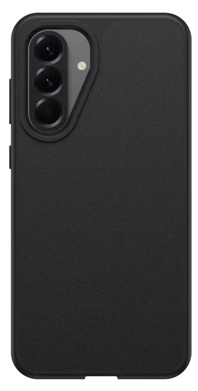 Schwarze Smartphone-Schutzhülle mit dreifacher Aussparung für die rückseitige Kamera und Blitzöffnung, frontal vor weißem Hintergrund dargestellt.