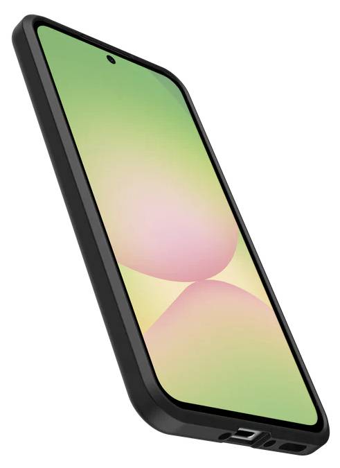 Ein Smartphone in einem schwarzen Schutzgehäuse, das in einem Winkel gezeigt wird, mit einem farbenfrohen Gradienten-Bildschirm auf weißem Hintergrund.